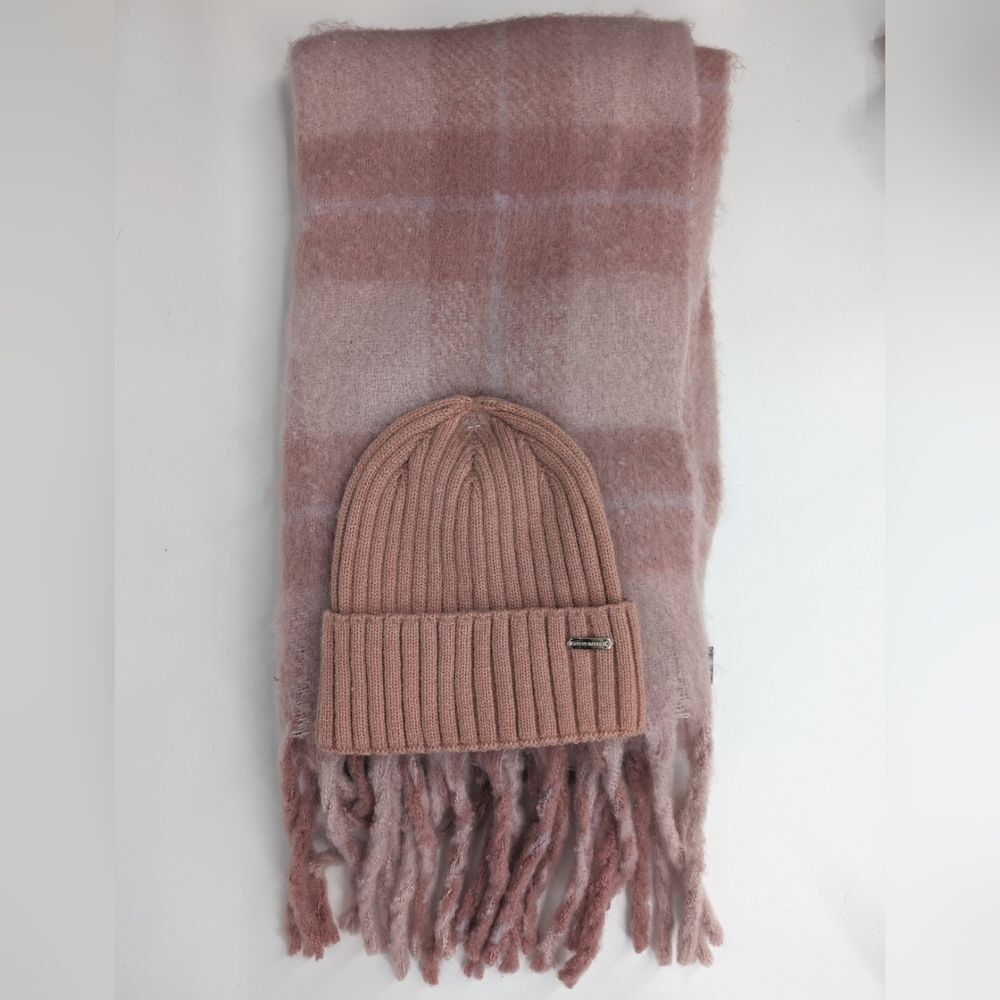 Steve Madden Pink Plaid Scarf and Pink Hat Winter Gift Set OS NWOT